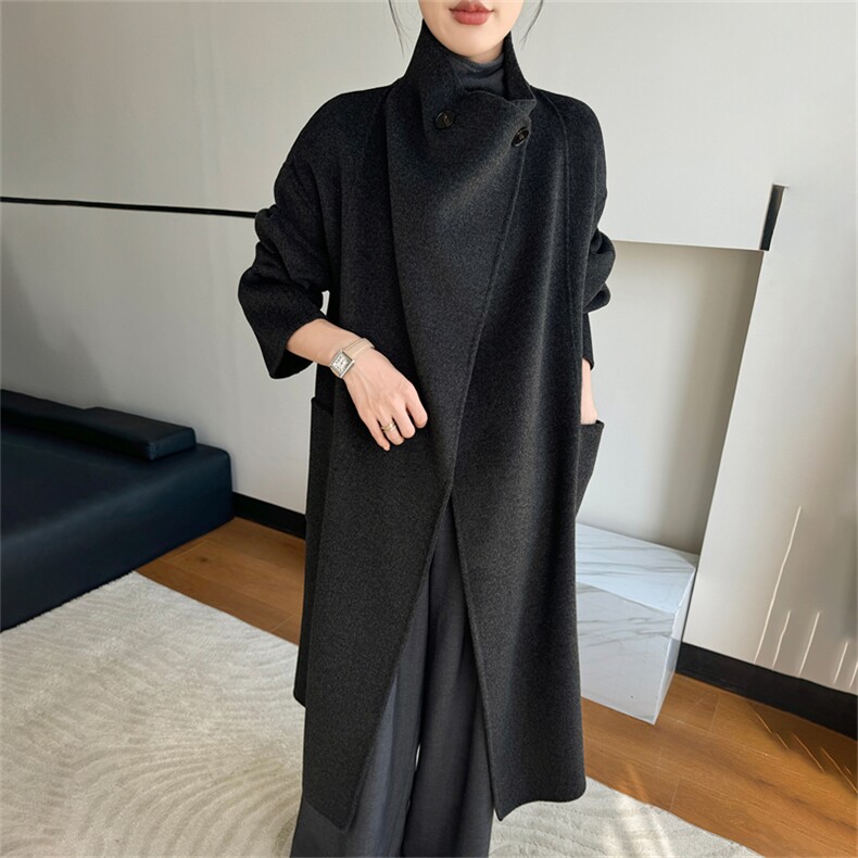 2025年秋季新款百搭女士长袖立领系带大衣,女装双面呢大衣,鹿展羊绒大衣