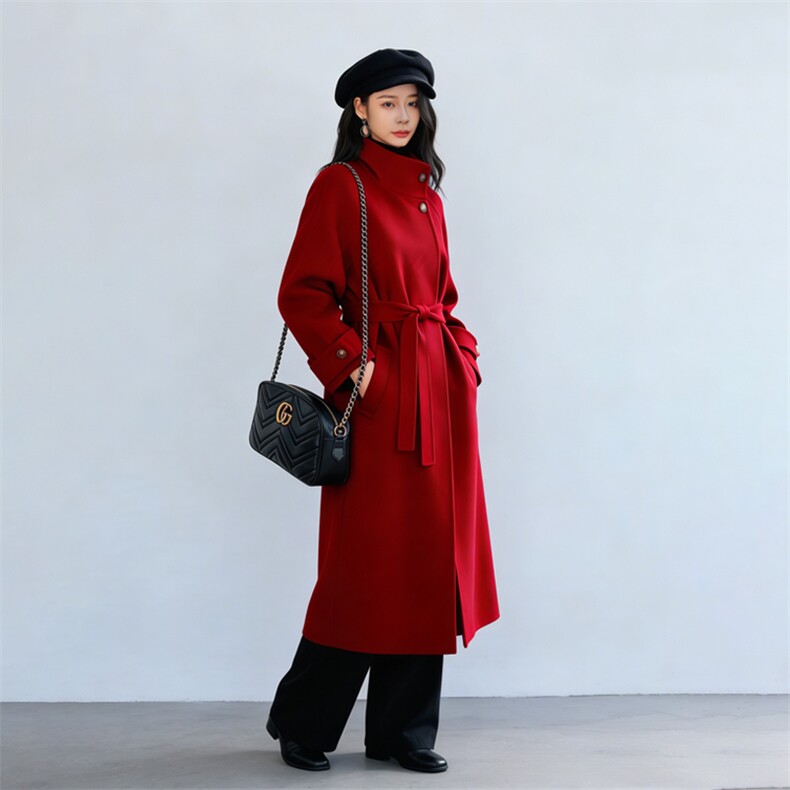 红色羽绒内胆毛呢外套女长款2025冬季新款时尚加厚赫本风呢子大衣,女装毛呢外套,纪茹