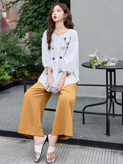 2025年夏装新款气质创意刺绣衬衫宽松阔腿裤套装巨好看的两件套，女装套装/套裙，流量+