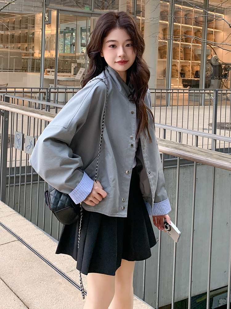 立领休闲短外套女小个子2025春季新款韩系设计感宽松百搭夹克上衣,女装短外套,辉之琳
