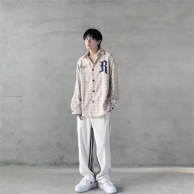 潮高街刺绣小香风格子ins长袖衬衫男女街头痞帅外套潮JK12/P52,男装衬衫,星座506