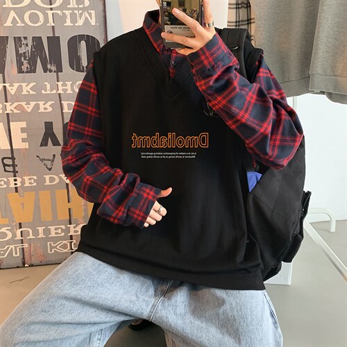 春季新款潮卫衣男宽松假两件外套港风格子学生上衣潮牌sy012-p42，女装短外套，星座1008-2