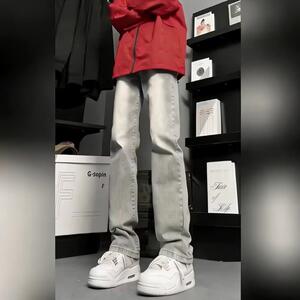 窄版直筒牛仔裤男美式高街微喇加长高个子修身灰色Z742 P38图片