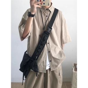 夏季日系复古cityboy工装短袖衬衫男女学生宽松慵懒廓形帅气衬衣图片
