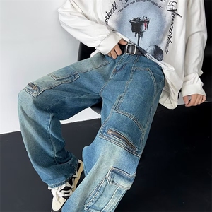 工装口袋水洗牛仔裤男宽松高腰复古休闲百搭阔腿长裤Nk247 P60图片