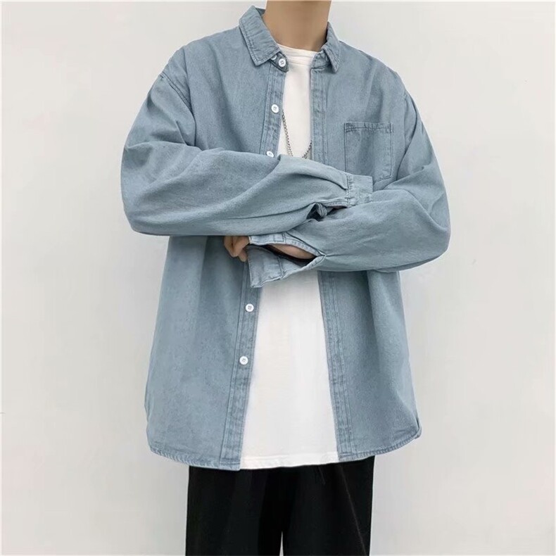 牛仔衬衫男潮牌潮流休闲宽松上衣春秋外套痞帅工装衬衣CS225-P45,男装衬衫,星座1008-1