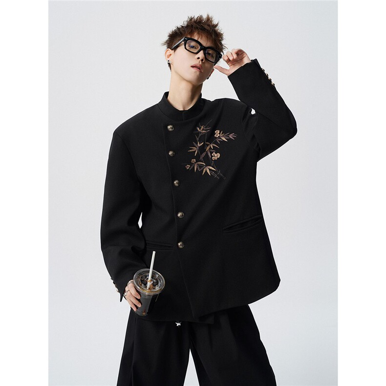 风竹子刺绣M-5XL大码95%涤纶5%氨纶中式西服XF78309特P70控128，男装西服，星座227-7