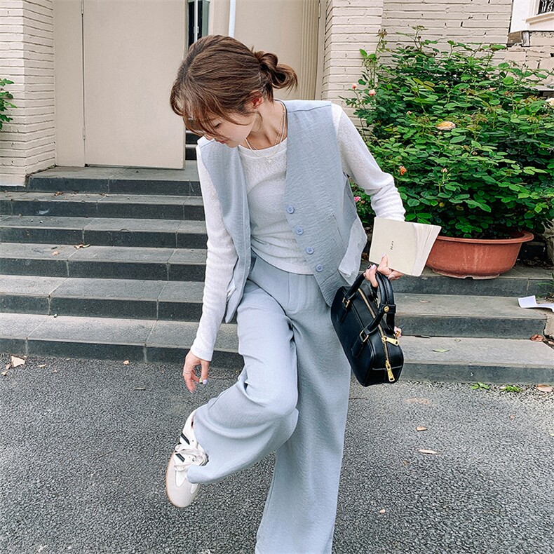 小众设计感蕾丝拼接马甲套装女2025春季韩系休闲百搭阔腿裤三件套,女装套装/套裙,2C129