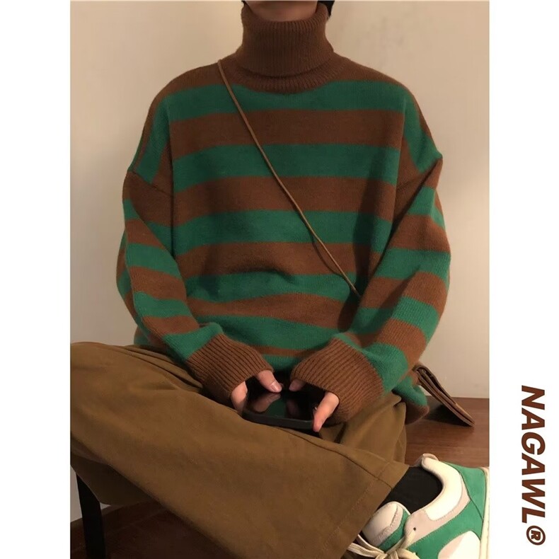 599-P432025秋季美式复古条纹毛衣宽松百搭针织高领男装上衣,男装针织衫/毛衣,电商B323A