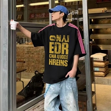 抖音得物品质二开240克宽松纯棉美式潮牌印花三条杠中性风短袖T恤，男装T恤，电商A486-1