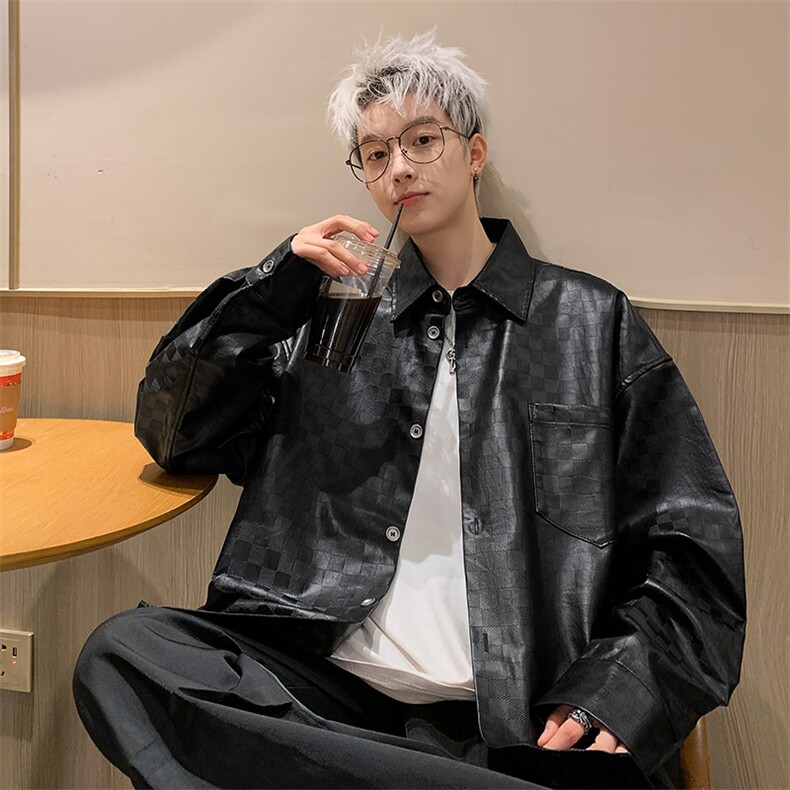 新款韩系潮流棋盘格皮衣休闲衬衣复古外套PC304-P75-控118,男装衬衫,星座310A-3