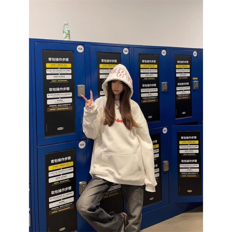 美式复古火焰字母刺绣连帽卫衣男女秋冬加绒宽松情侣潮帽衫上衣，男装卫衣，星座506A