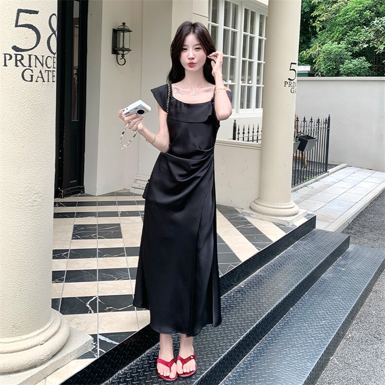 荷叶边一字肩吊带裙优雅连衣裙女2025夏季新款法式度假风显瘦长裙,女装连衣裙,2D034