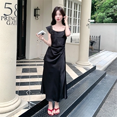 荷叶边一字肩吊带裙优雅连衣裙女2025夏季新款法式度假风显瘦长裙，女装连衣裙，2D034