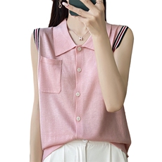 25款春夏季polo领无袖系扣开衫女精纺羊毛拼色小翻领百搭上衣T恤，女装针织衫/毛衣，朝贺羊绒