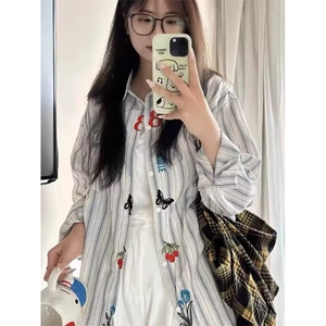 1506-1/GJ080/P46情侣文艺感刺绣个性美式复古条纹长袖衬衫图片
