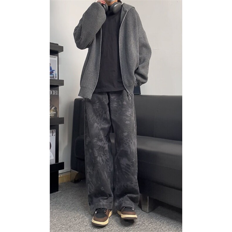 抖音品质美式高街oversize设计感蛇纹迷彩水洗弯刀裤,男装牛仔裤,星座310A-4