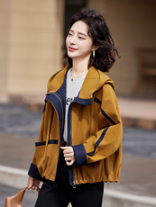 自留款推荐~撞色连帽短外套女2025春秋拼接时尚潮流休闲气质上衣，女装短外套，靓衣阁
