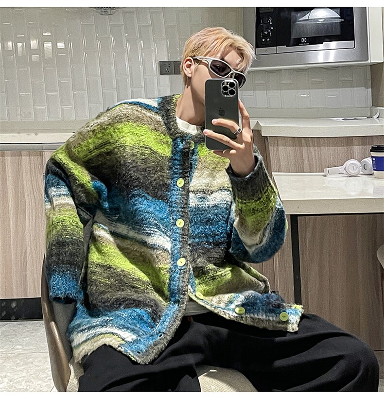 秋款男开衫毛衣条纹拼色针织衫渐变扎染外套M6503P70,男装针织衫/毛衣,星座1013-1