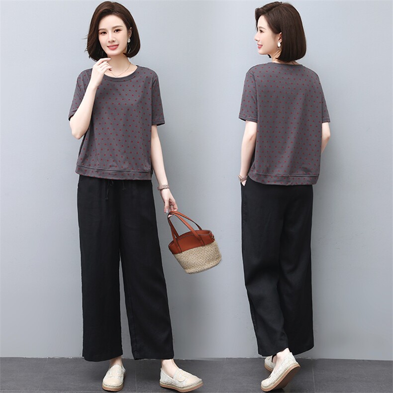 妈妈休闲女夏洋气微胖遮肉4050岁中年棉上衣棉麻阔腿裤，女装中老年女装，妃曼