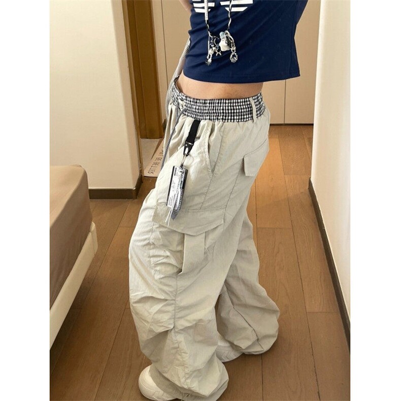 复古褶皱速干伞兵工装裤女夏季薄款阔腿裤宽松直筒休闲裤KB3056,男装工装外套,星座1116A（原606A-3）
