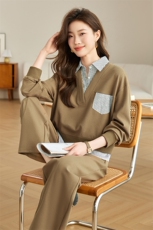 通勤百搭休闲套装女2024年秋季法式衬衫直筒阔腿裤两件套，女装套装/套裙，文熹诺
