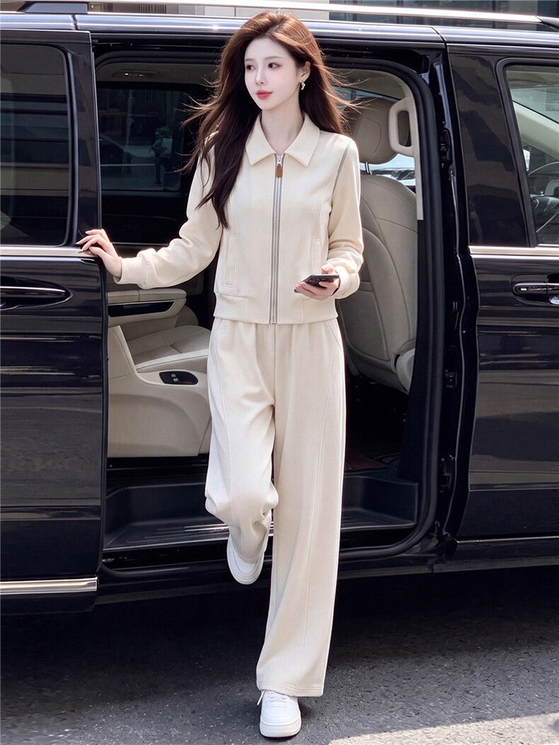 韩系女春秋新款套装时尚洋气休闲减龄翻领开衫外套阔腿长裤两件套,女装套装/套裙,江南