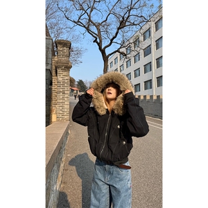 现货重磅boxy短款棉衣座山雕大毛毛领男女棉服水洗工装厚外套图片