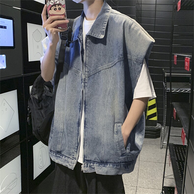 A5541-P62 2024新款潮牌垫肩牛仔马甲男机车夹克坎肩无袖背心现货图片