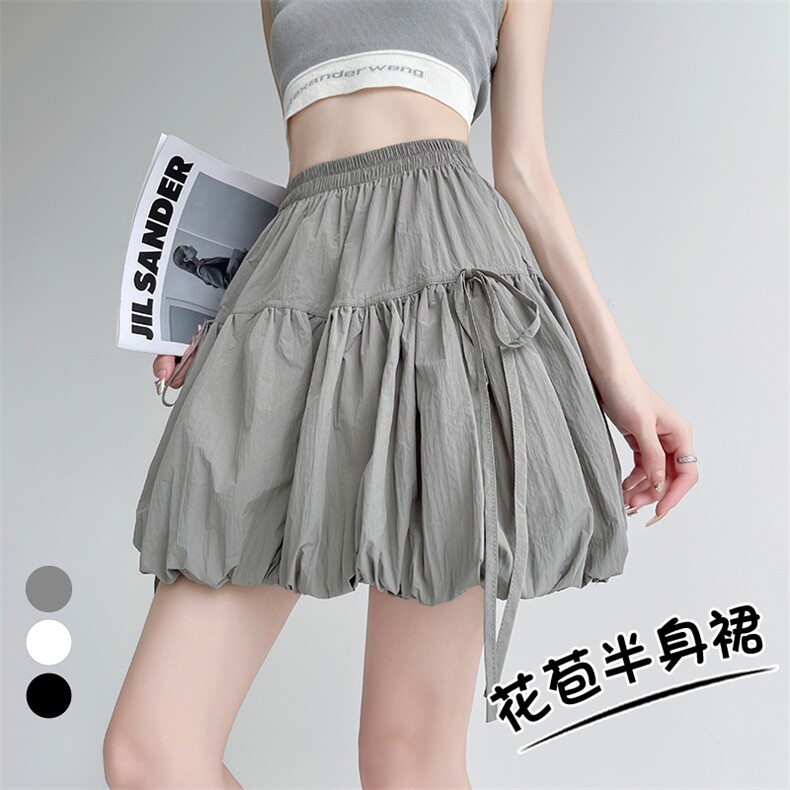 松紧腰系带宽松显瘦短裙女2024夏季新款百搭设计感花苞短裙子图片