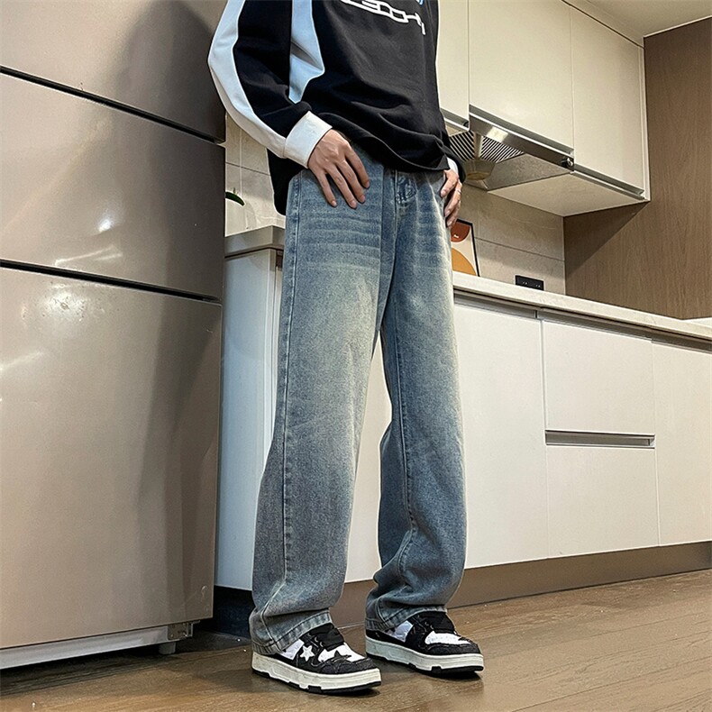 男港风宽松直筒裤子青少年重工洗水拖地牛仔裤纯色N526P50图片
