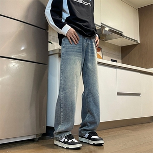 男港风宽松直筒裤子青少年重工洗水拖地牛仔裤纯色N526P50图片