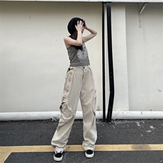 美式高街大口袋工装裤女欧美潮ins宽松休闲阔腿高腰长裤K0424-P50，男装休闲裤，星座1008