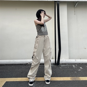 美式高街大口袋工装裤女欧美潮ins宽松休闲阔腿高腰长裤K0424-P50图片