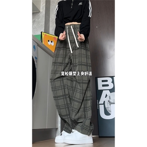秋季新款宽松格子休闲裤男士显瘦菠萝裤垂感情侣长裤 K6632-特P42图片