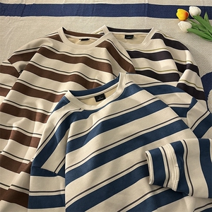 春款港风麂皮绒圆领条纹拼接卫衣男宽松长袖T恤打底衫Y5533 P45图片