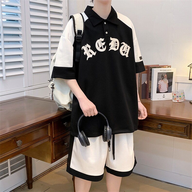 夏上新学生撞色拼接半袖套装时尚翻领Polo衫男女7805-P75控价108,男装Polo衫,电商A441-1