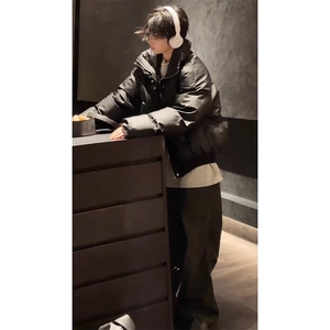 现货冬季三防重磅硬挺boxy短款羽绒刺绣立领PU皮棉衣外套加厚棉服图片