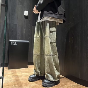24年嘻哈水洗牛仔裤男女美式复古宽松直筒阔腿ins痞帅工装~Q7033图片