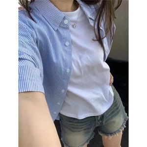 日系cityboy蓝白条纹衬衫短袖男女夏季新款宽松休闲男生衬衣外套图片