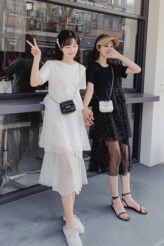 2025夏装新款亮片中长款修身连衣裙仙小众森女系网纱拼接闺蜜装,女装连衣裙,红依娜