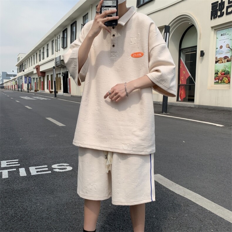 新款潮流ins五分袖男POLO衫休闲夏季休闲套装棉港风男装TZ5906P70图片