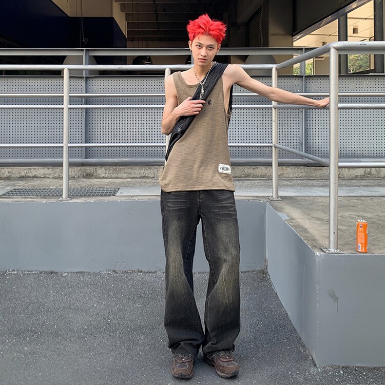 美式复古扎染cleanfit做旧破坏猫须百搭阔腿牛仔裤男女慵懒秋冬,男装牛仔裤,星座218-8