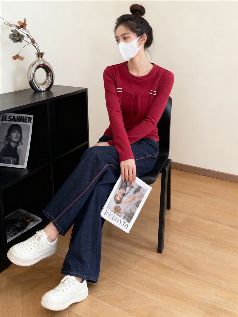 韩版时尚休闲套装女春款圆领撞色拼接假两件上衣抽绳阔腿裤两件套,女装套装/套裙,江南