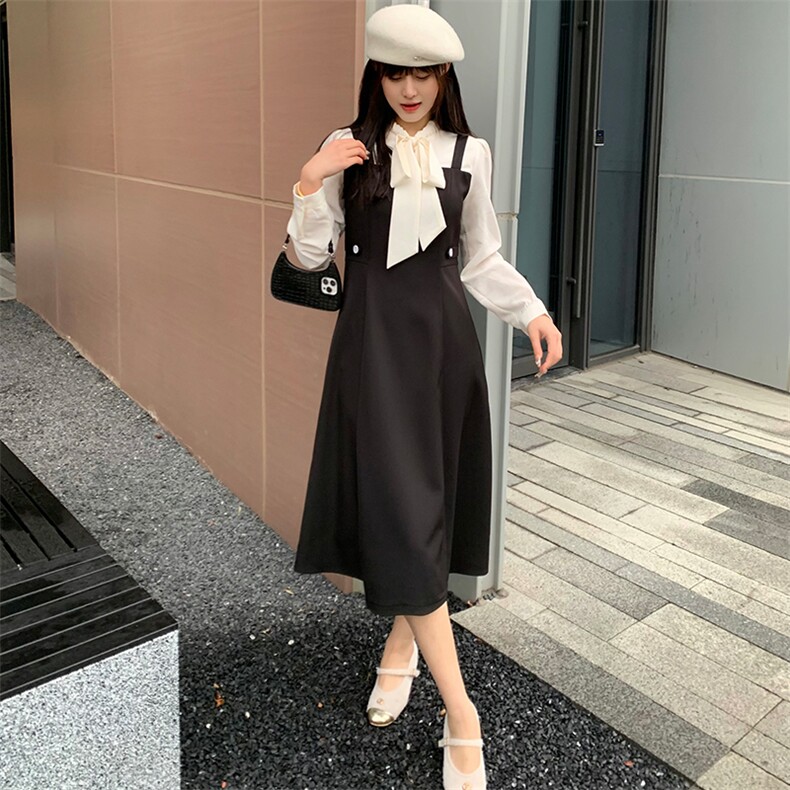 现货2024年春季女新网红时尚甜美收腰显瘦假两件拼色连衣裙,女装连衣裙,煊芮熙