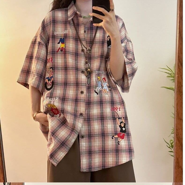 美式复古格子短袖衬衫女刺绣小众设计感上衣夏季学院风衬衣外套图片