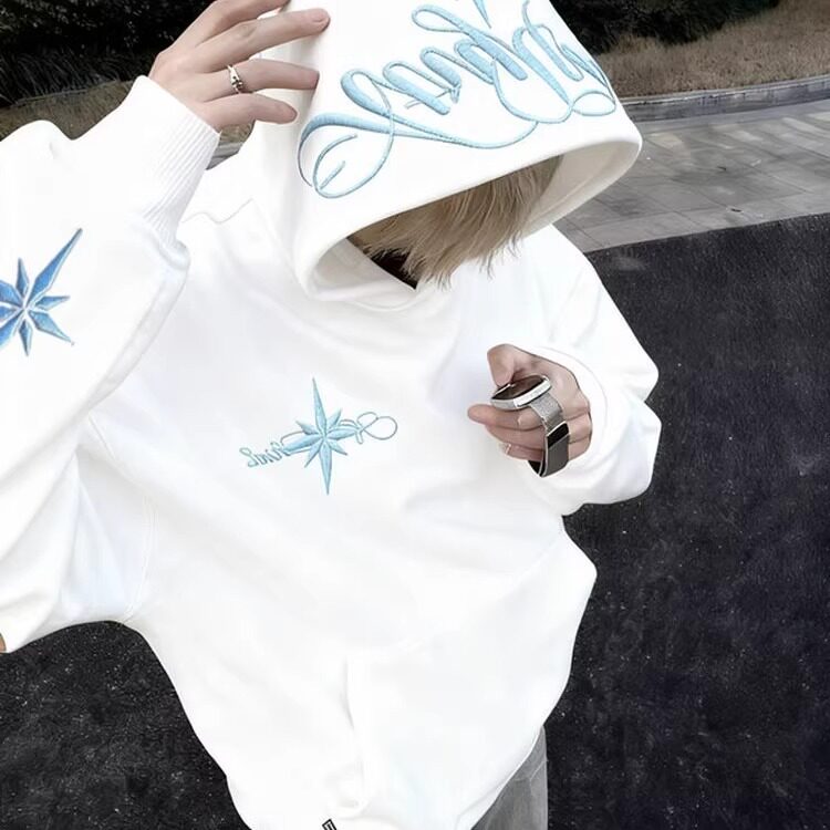 潮美式高街北极星刺绣连帽卫衣男情侣款宽松潮牌帽衫外套WY8314,女装短外套,星座208-5