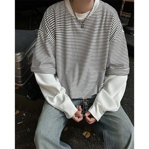 cleanfi条纹假两件卫衣男春秋美式潮牌拼接圆领长袖t恤ST492-P46图片