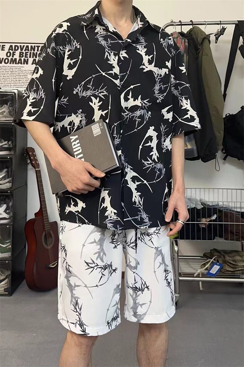 翻领短袖衬衫男夏季休闲宽松套潮流复古印花情侣同款TZ103-P43,男装衬衫,电商A178