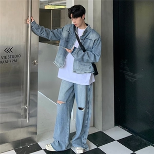 潮牌ins薄款工装牛仔外套男宽松大码修身百搭夹克港JK6T2-P67图片